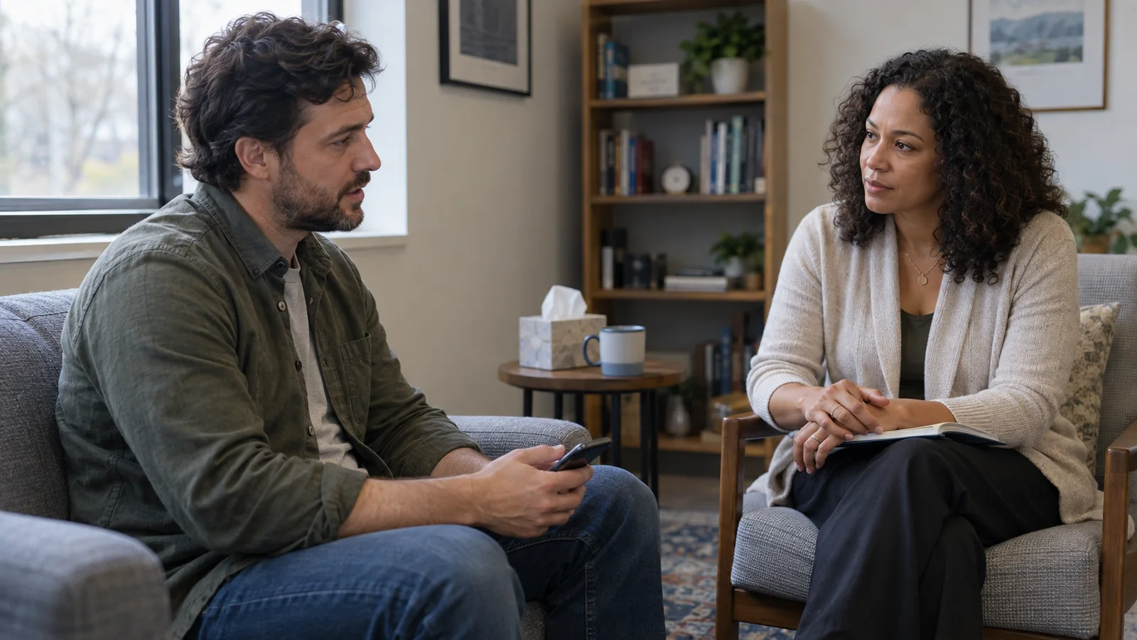 AI in Therapy: How Therapists Can Respond to AI Self-Diagnosis 2 A client holding a phone speaks with an attentive therapist about AI privacy and boundaries.