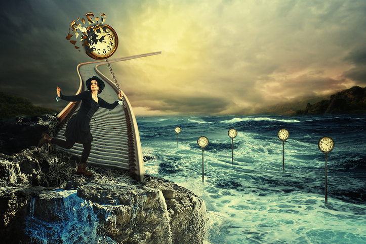 Woman in dreamscape with pocket watches