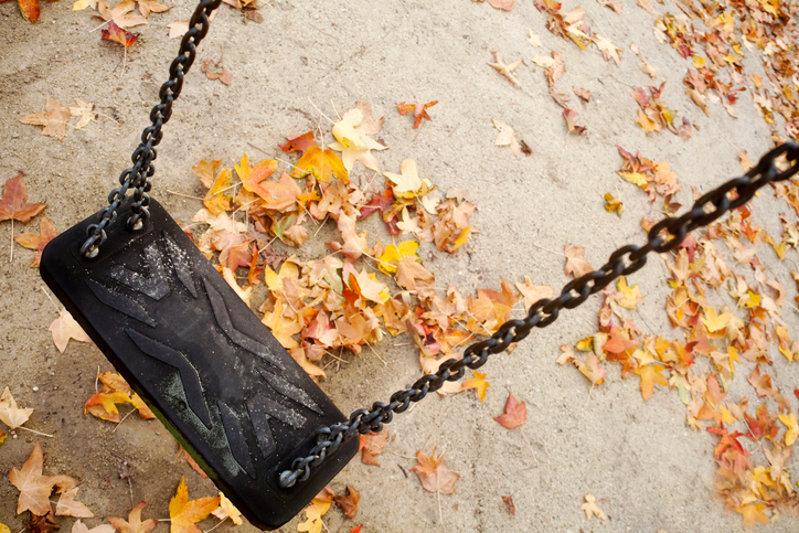 Single weathered swing surrounded by old leaves