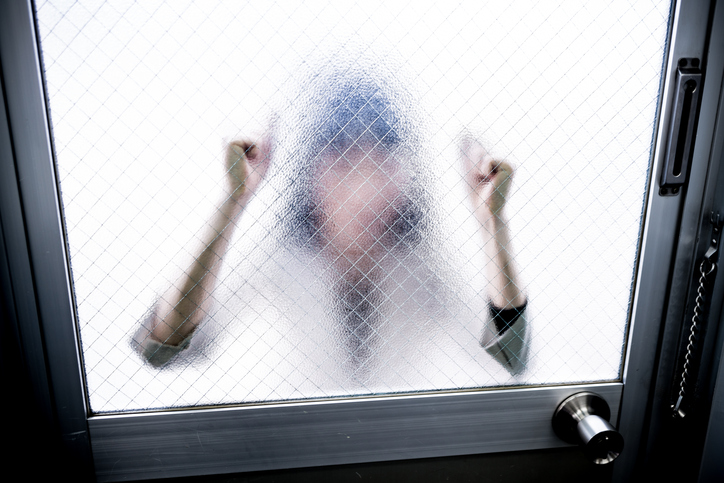 The faint form of a woman can be seen through opaque glass on a door.