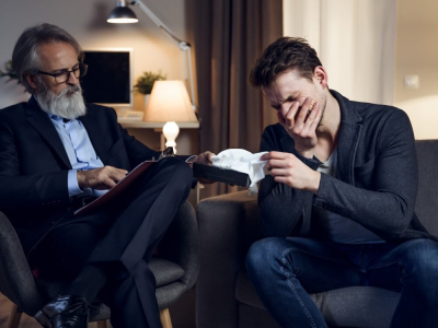 A therapist hands a crying man a tissue box.