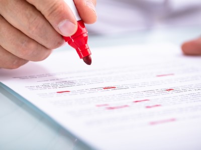 A clearinghouse worker marks off claim errors with a red marker.