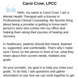 Meet Your Provider! Carol Crow, LPCC