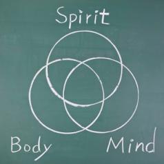 A chalkboard diagram of overlapping circles that say: body, mind, and spirit.