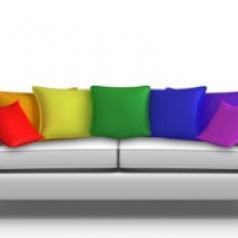 Couch with rainbow pillows