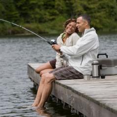 Couple sitting on dock fishing