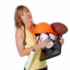 Woman holding many objects representing different jobs