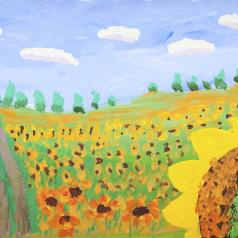 gouache picture of sunflower field