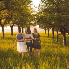 Rear view photo of three people with long hair walking in grassy space under trees arm in arm