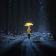 Person in yellow raincoat with yellow umbrella walks through snowy forest at night