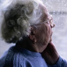 An elderly woman gazes out the window