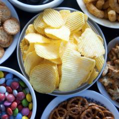 Bowls of varied snack foods