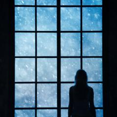 Silhouette of woman looking at snowfall outside
