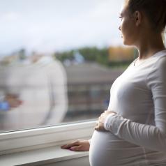 Pregnant woman looking out a window