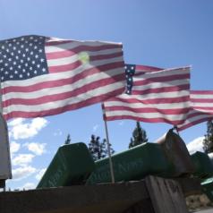 American flags fly above mailboxes