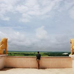 Rear view of a man on terrace between two gold statues