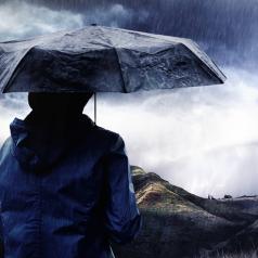 Person under umbrella looking at scenery in rain