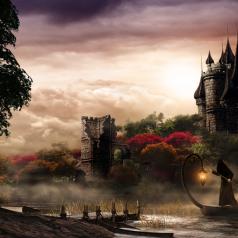 Autumn scenery with fantasy castle, lake and mysterious person in a boat