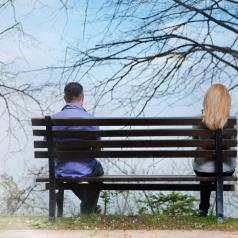 Rear view of couple sitting apart from each other on bench underneath tree 