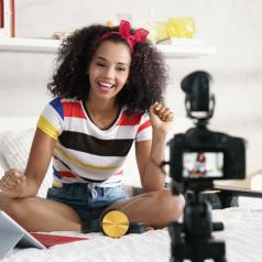 Girl Recording Vlog Video Blog At Home With Camera
