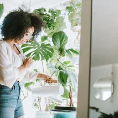 Woman watering her indoor plants